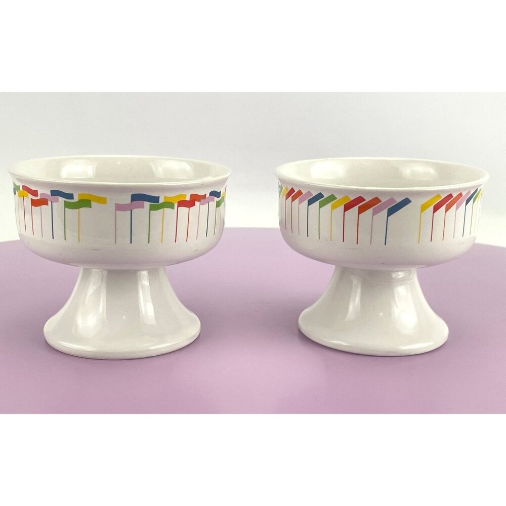Vintage 80s dessert cups, Korea ceramic footed bowls, primary colors flags, pair - Picture 5 of 9